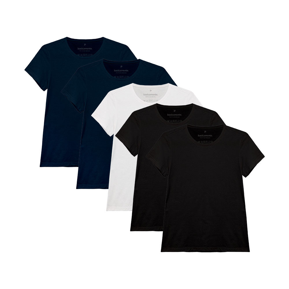 Kit 5 Camisetas Babylook Gola C Feminina - Branco Preto Preto Azul Marinho Azul Marinho