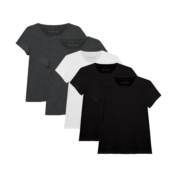Kit 5 Camisetas Babylook Gola C Feminina - Branco Preto Preto Mescla Escuro Mescla Escuro