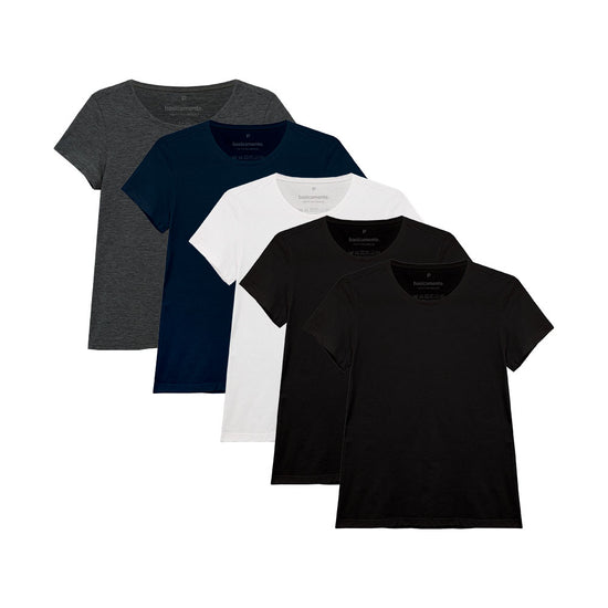 Kit 5 Camisetas Babylook Gola C Feminina - Branco Preto Preto Azul Marinho Mescla Escuro - BASICAMENTE