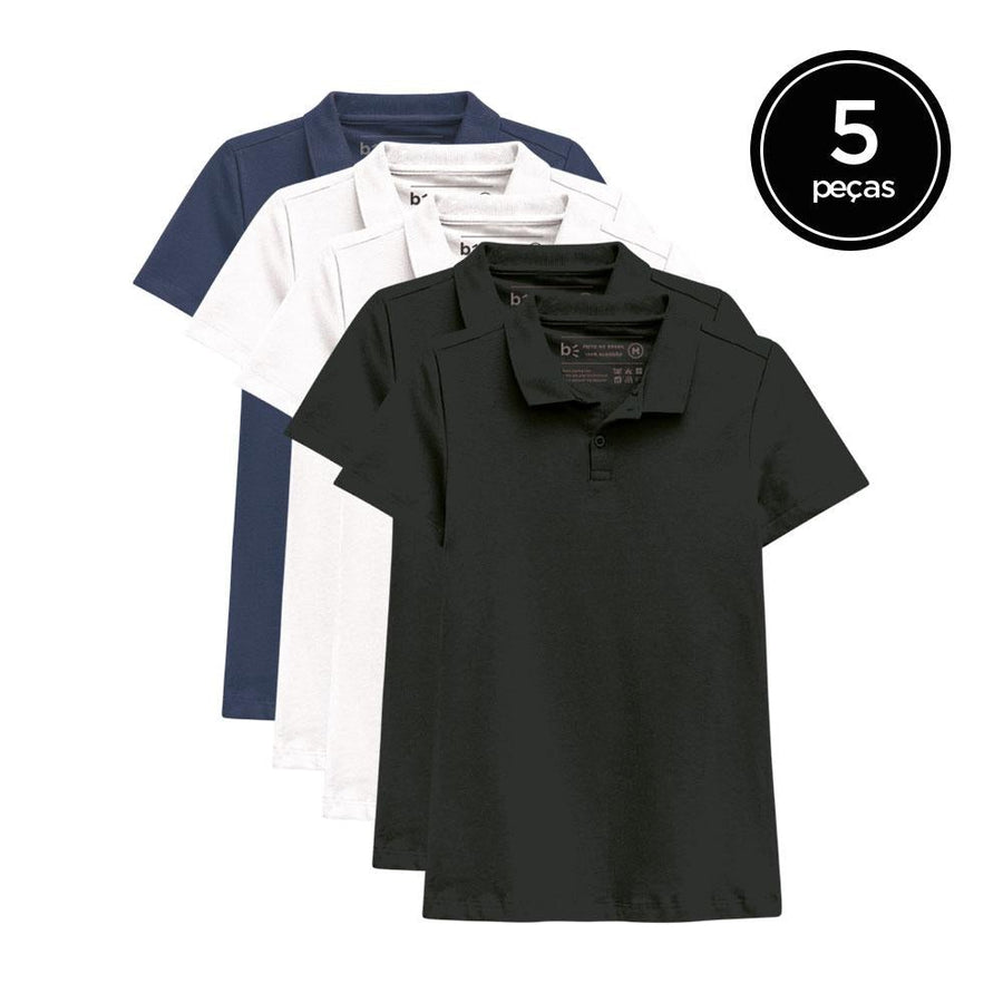 Kit 5 Camisas Polo Feminina - Branco Branco Preto Preto Azul Marinho