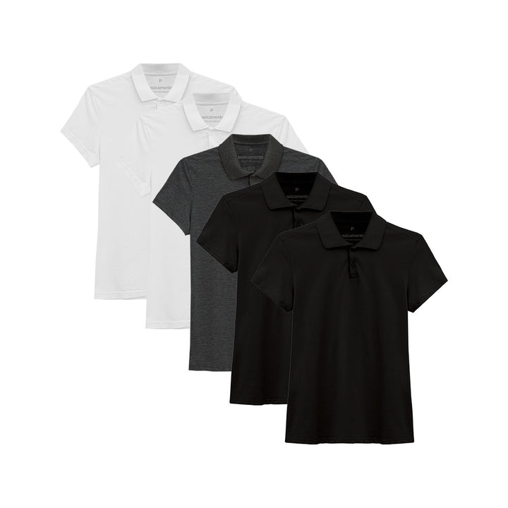 Kit 5 Camisas Polo Feminina - Branco Branco Preto Preto Mescla Escuro