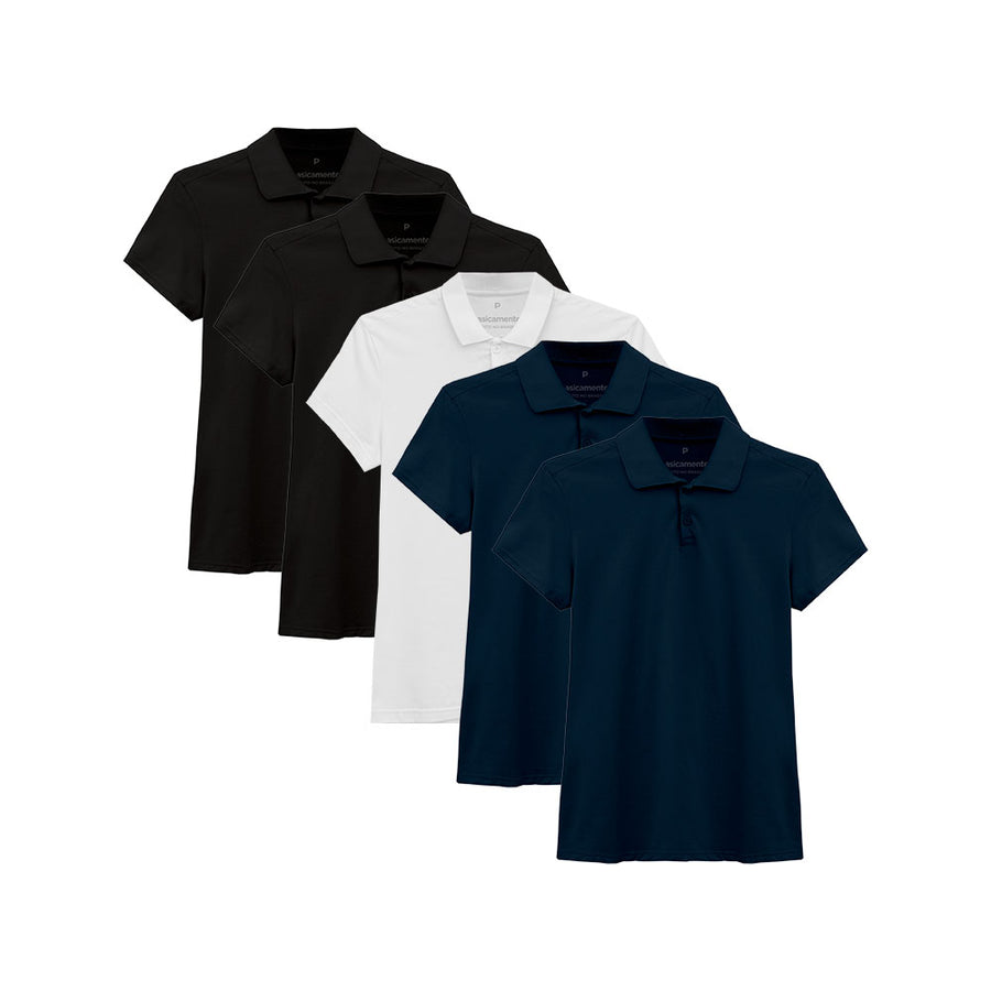 Kit 5 Camisas Polo Feminina - Branco Preto Preto Azul Marinho Azul Marinho