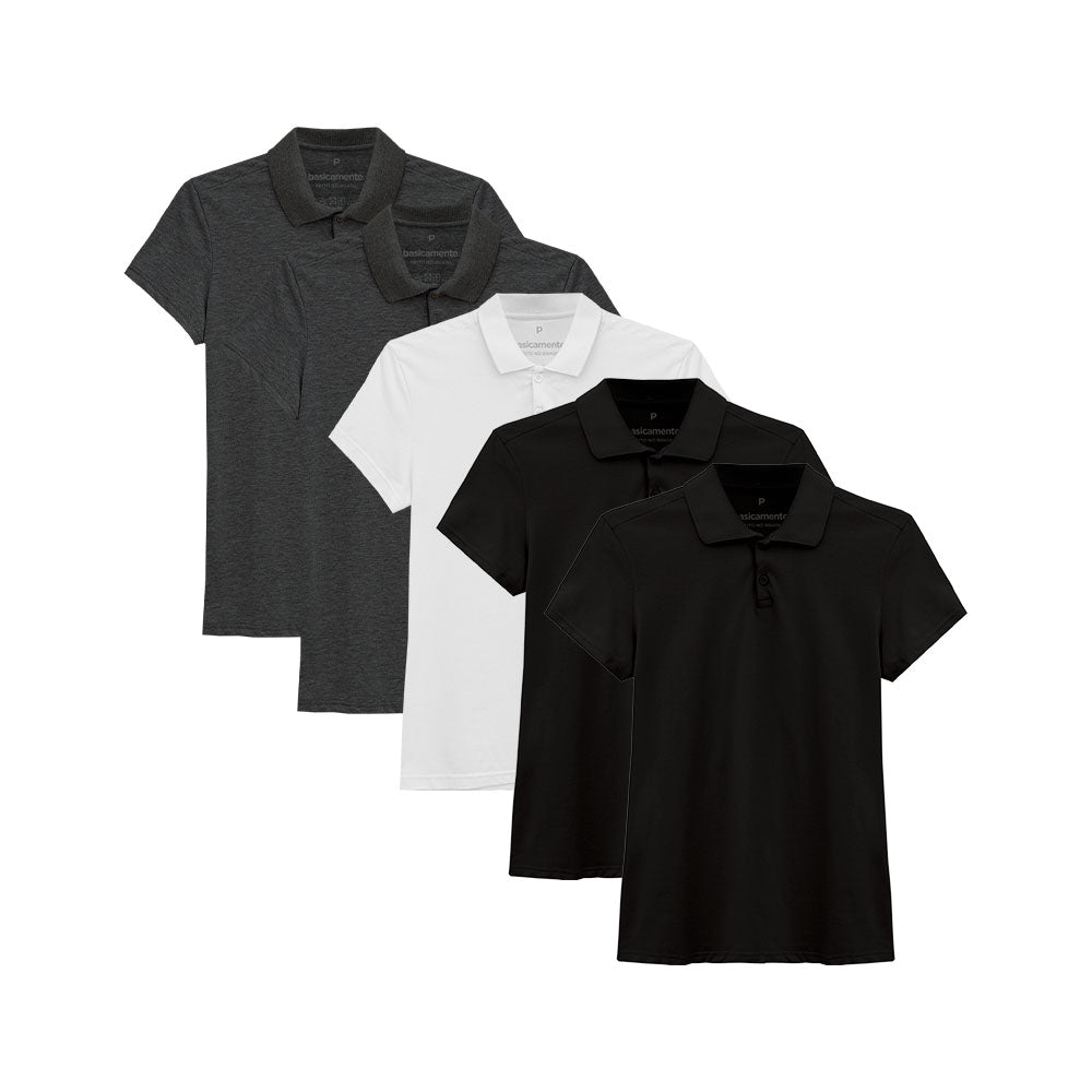 Kit 5 Camisas Polo Feminina - Branco Preto Preto Mescla Escuro Mescla Escuro