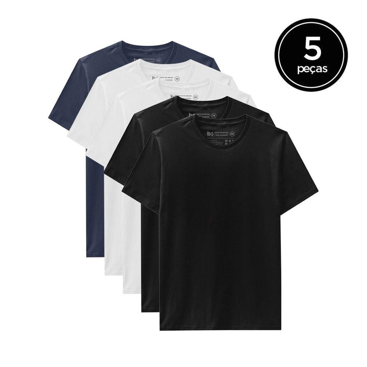 Kit 5 Camisetas Gola C Masculina - Branco Branco Preto Preto Azul Marinho