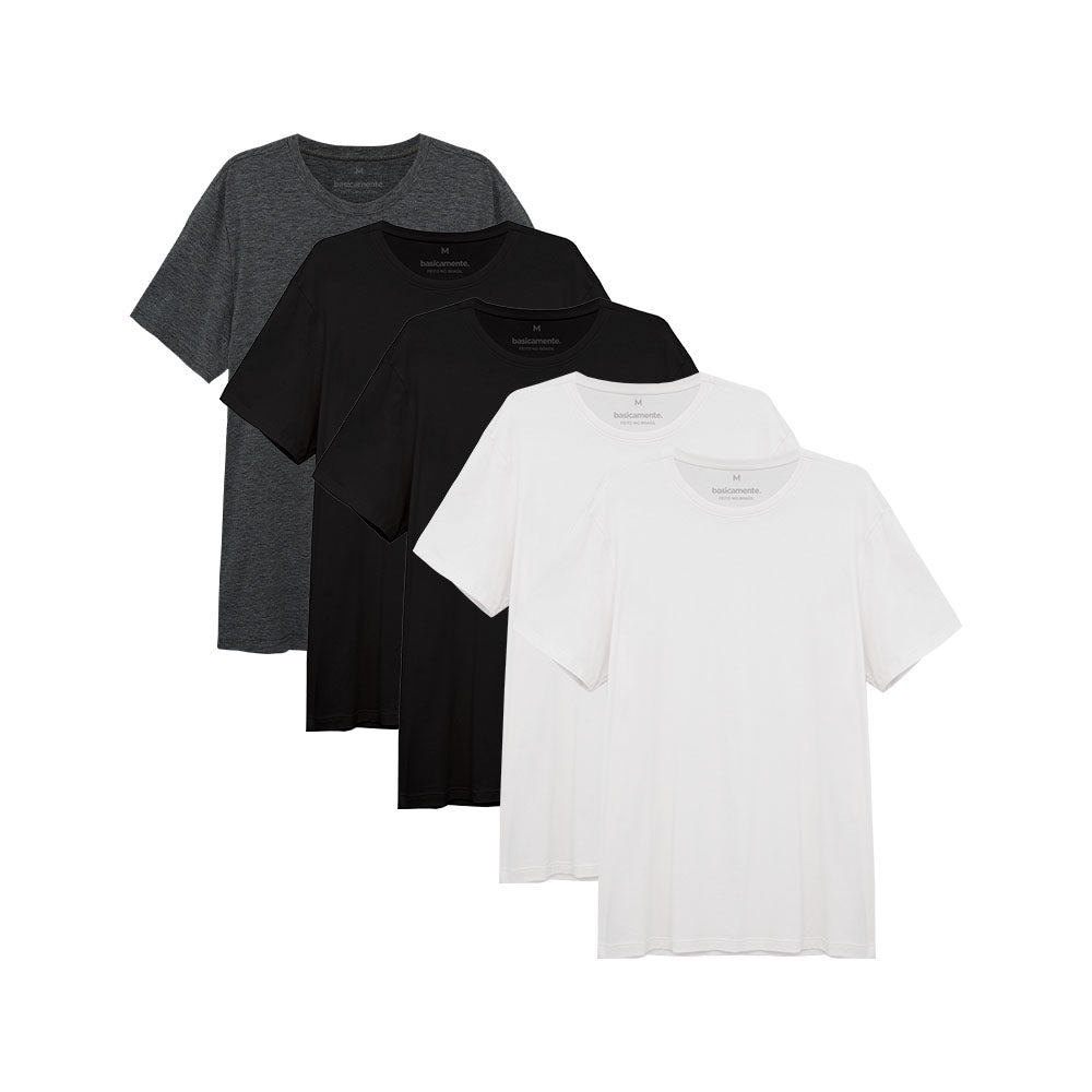 Kit 5 Camisetas Gola C Masculina - Branco Branco Preto Preto Mescla Escuro