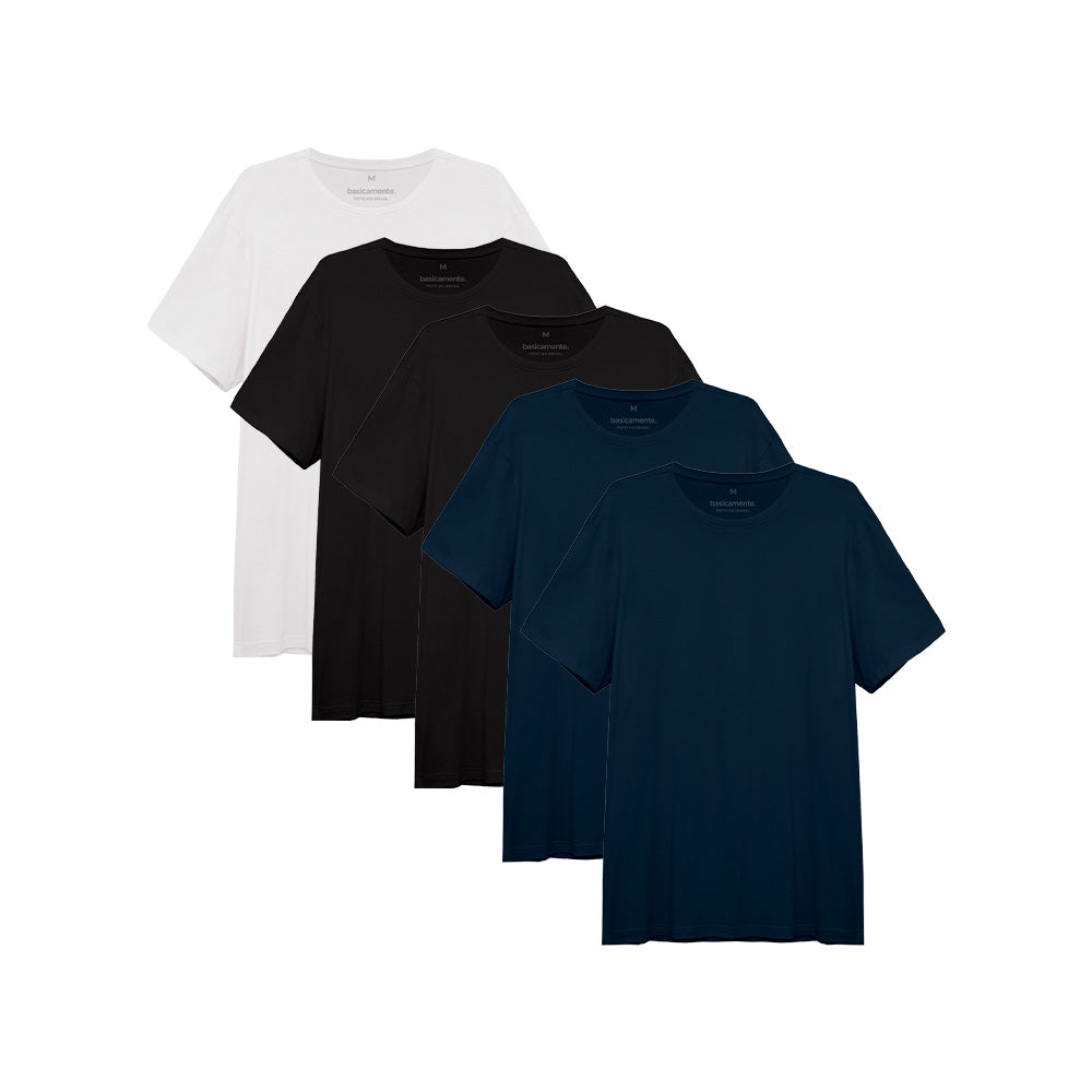 Kit 5 Camisetas Gola C Masculina - Branco Preto Preto Azul Marinho Azul Marinho