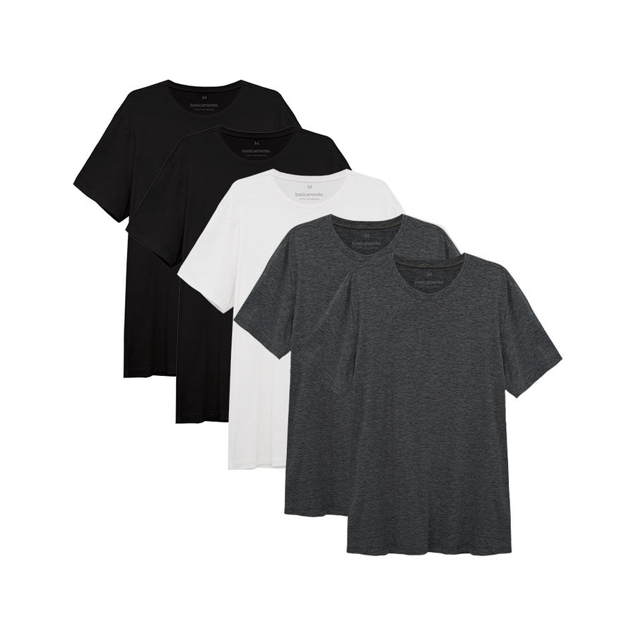 Kit 5 Camisetas Gola C Masculina - Branco Preto Preto Mescla Escuro Mescla Escuro
