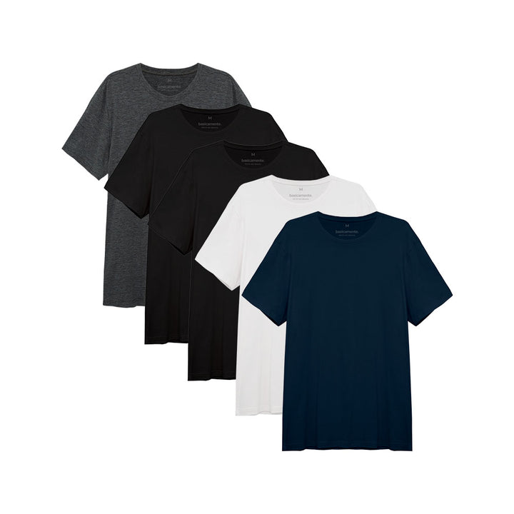 Kit 5 Camisetas Gola C Masculina - Branco Preto Preto Azul Marinho Mescla Escuro