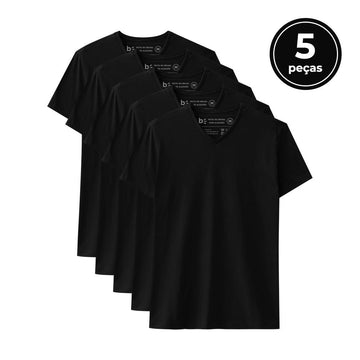 Kit 5 Camisetas Gola V Masculina - Preto
