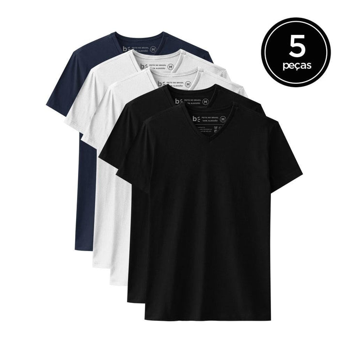 Kit 5 Camisetas Gola V Masculina - Branco Branco Preto Preto Azul Marinho