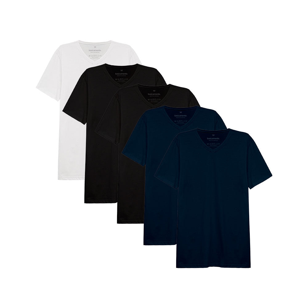 Kit 5 Camisetas Gola V Masculina - Branco Preto Preto Azul Marinho Azul Marinho
