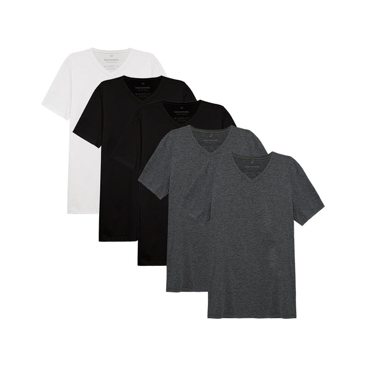 Kit 5 Camisetas Gola V Masculina - Branco Preto Preto Mescla Escuro Mescla Escuro