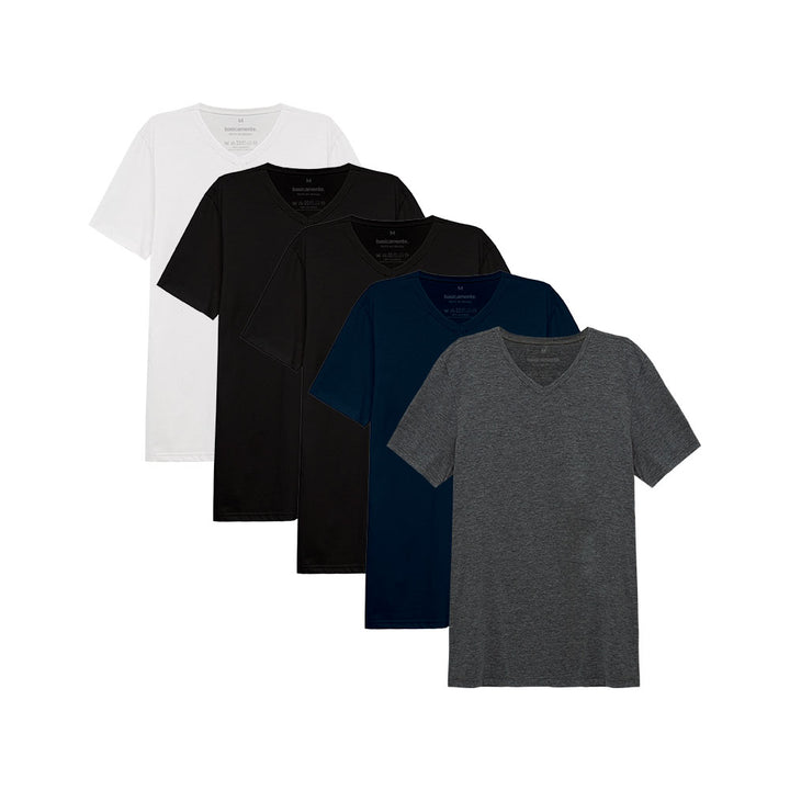 Kit 5 Camisetas Gola V Masculina - Branco Preto Preto Azul Marinho Mescla Escuro