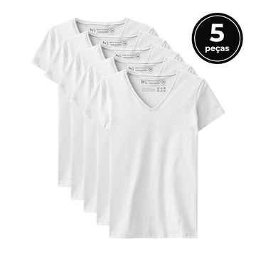 Kit 5 Camisetas Babylook Gola V Feminina - Branco