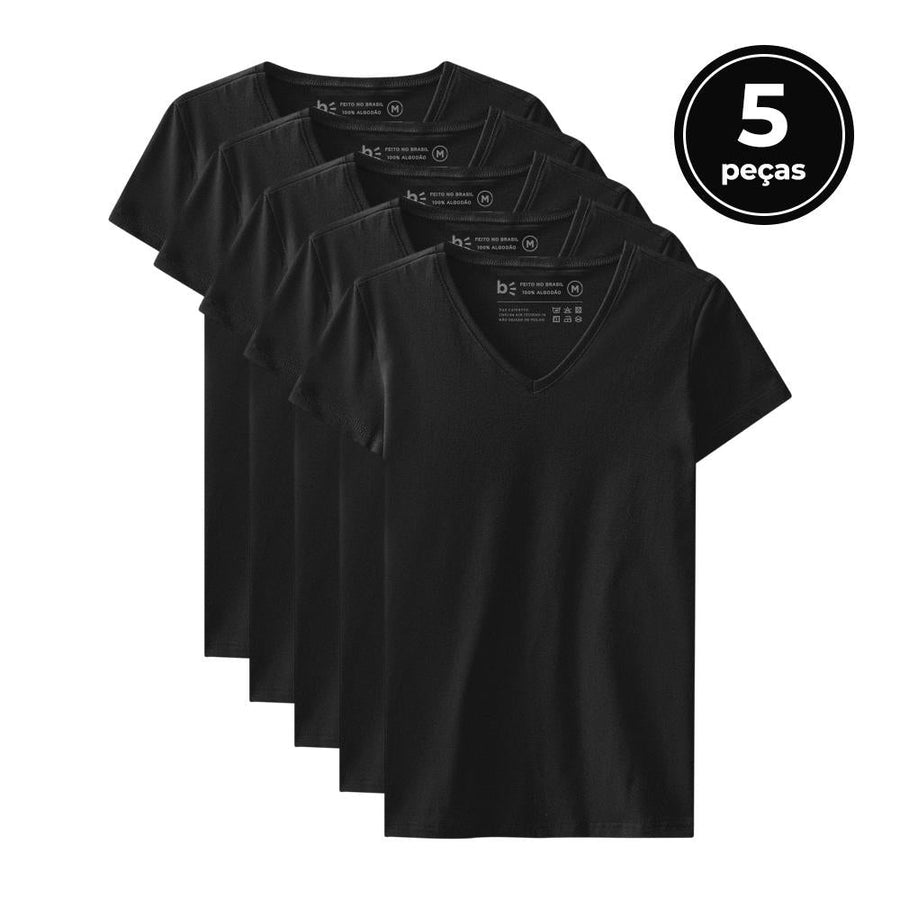 Kit 5 Camisetas Babylook Gola V Feminina - Preto