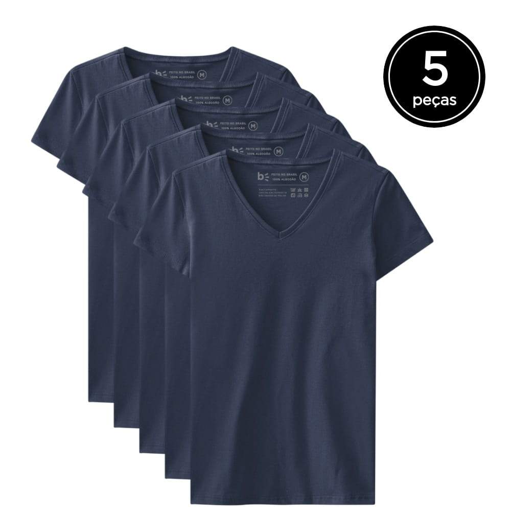 Kit 5 Camisetas Babylook Gola V Feminina - Azul Marinho