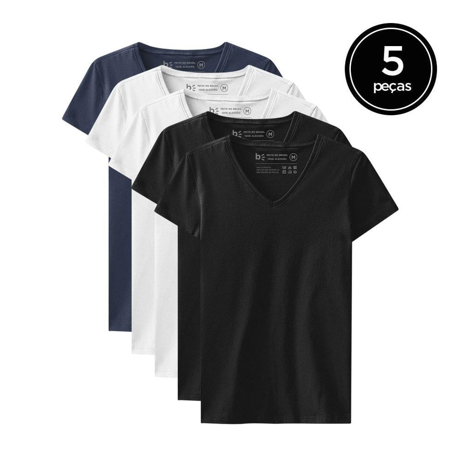 Kit 5 Camisetas Babylook Gola V Feminina - Branco Branco Preto Preto Azul Marinho