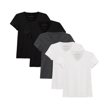 Kit 5 Camisetas Babylook Gola V Feminina - Branco Branco Preto Preto Mescla Escuro