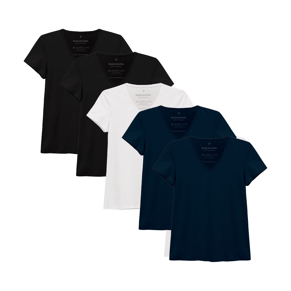 Kit 5 Camisetas Babylook Gola V Feminina - Branco Preto Preto Azul Marinho Azul Marinho