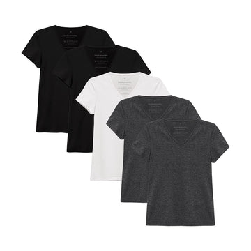 Kit 5 Camisetas Babylook Gola V Feminina - Branco Preto Preto Mescla Escuro Mescla Escuro