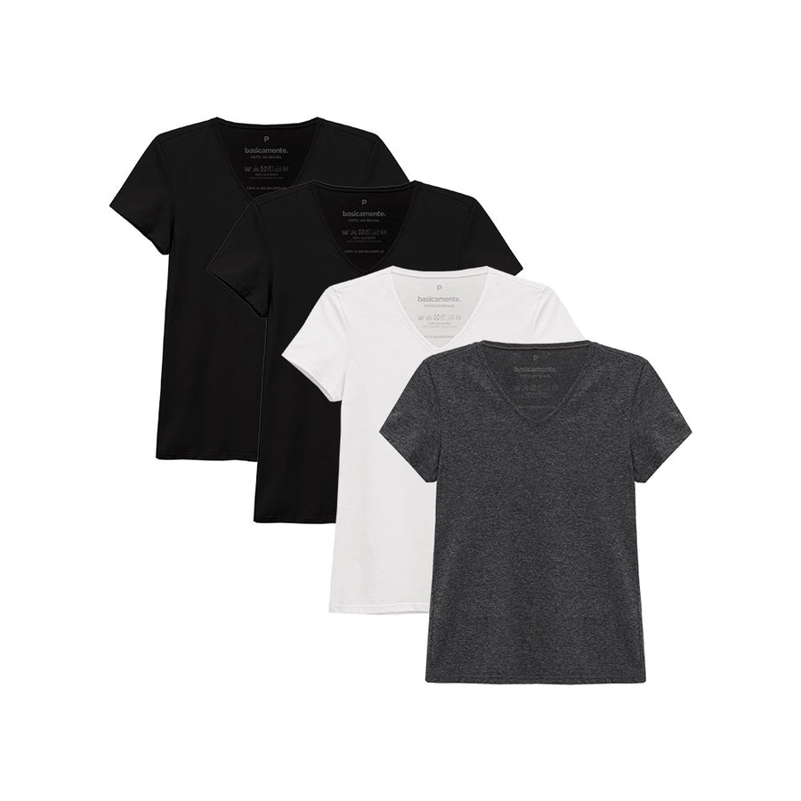 Kit 5 Camisetas Babylook Gola V Feminina - Branco Preto Preto Azul Marinho Mescla Escuro