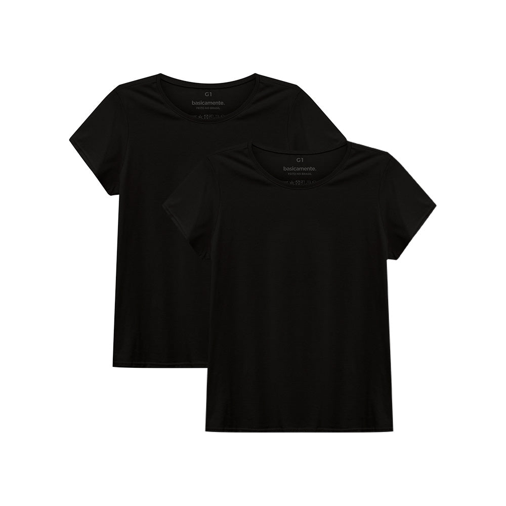 Kit de 2 Camisetas Babylook Gola C Plus Size Feminina - Preto