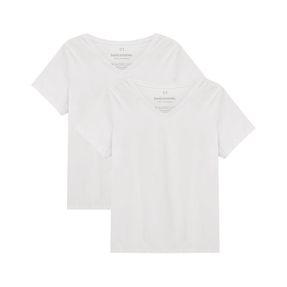 Kit de 2 Camisetas Babylook Gola V Plus Size Feminina - Branco