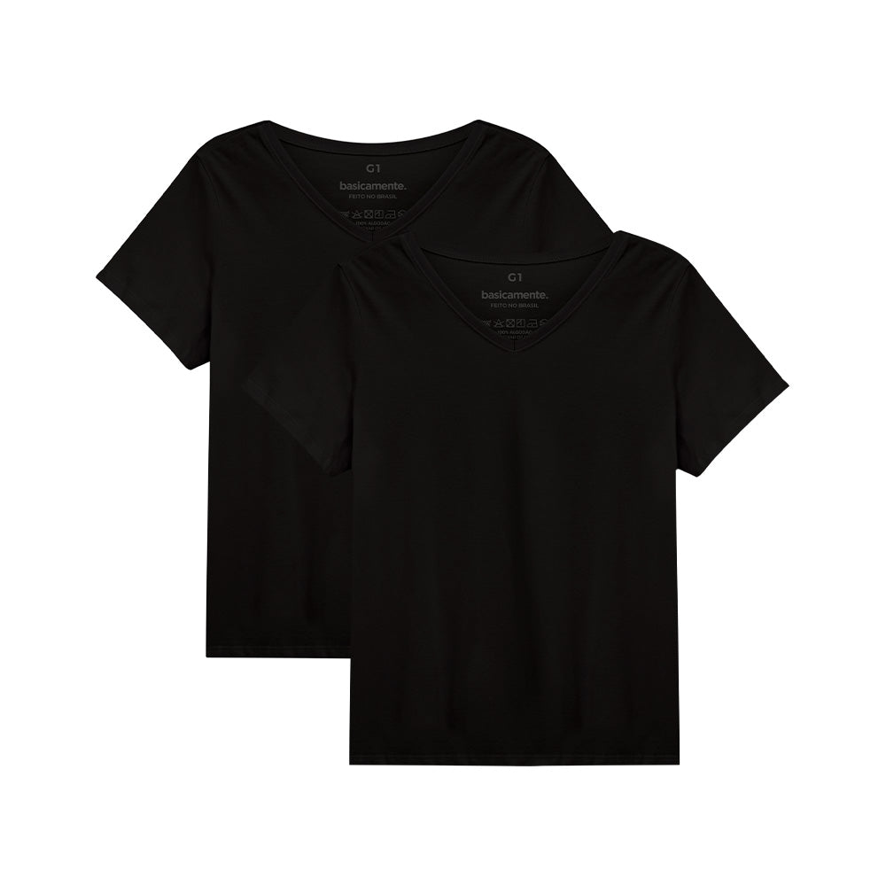 Kit de 2 Camisetas Babylook Gola V Plus Size Feminina - Preto