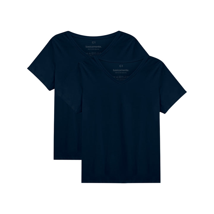 Kit de 2 Camisetas Babylook Gola V Plus Size Feminina - Azul Marinho