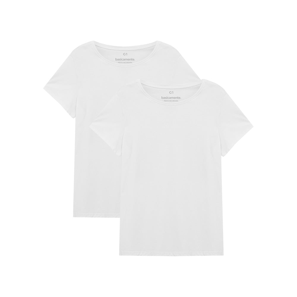 Kit de 2 Camisetas Gola C Plus Size Feminina - Branco