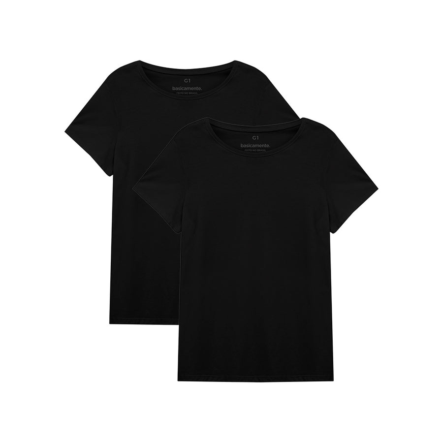 Kit de 2 Camisetas Gola C Plus Size Feminina - Preto