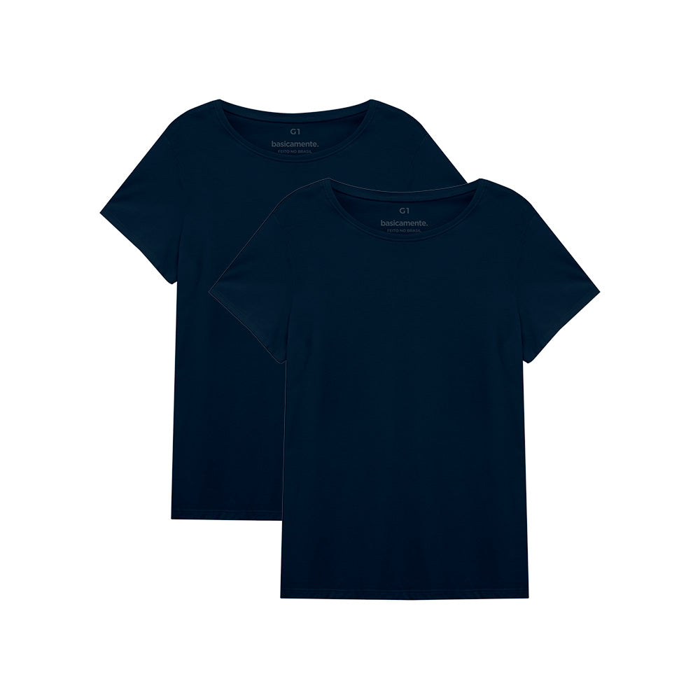 Kit de 2 Camisetas Gola C Plus Size Feminina - Azul Marinho