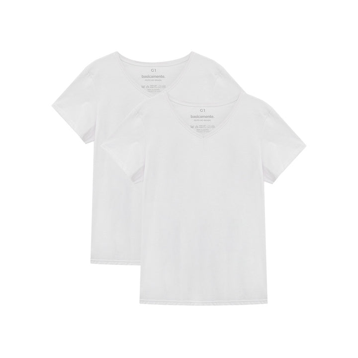 Kit de 2 Camisetas Gola V Plus Size Feminina - Branco