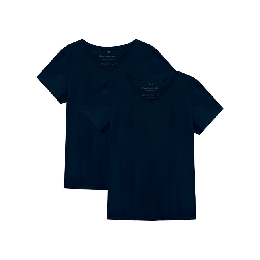 Kit de 2 Camisetas Gola V Plus Size Feminina - Azul Marinho