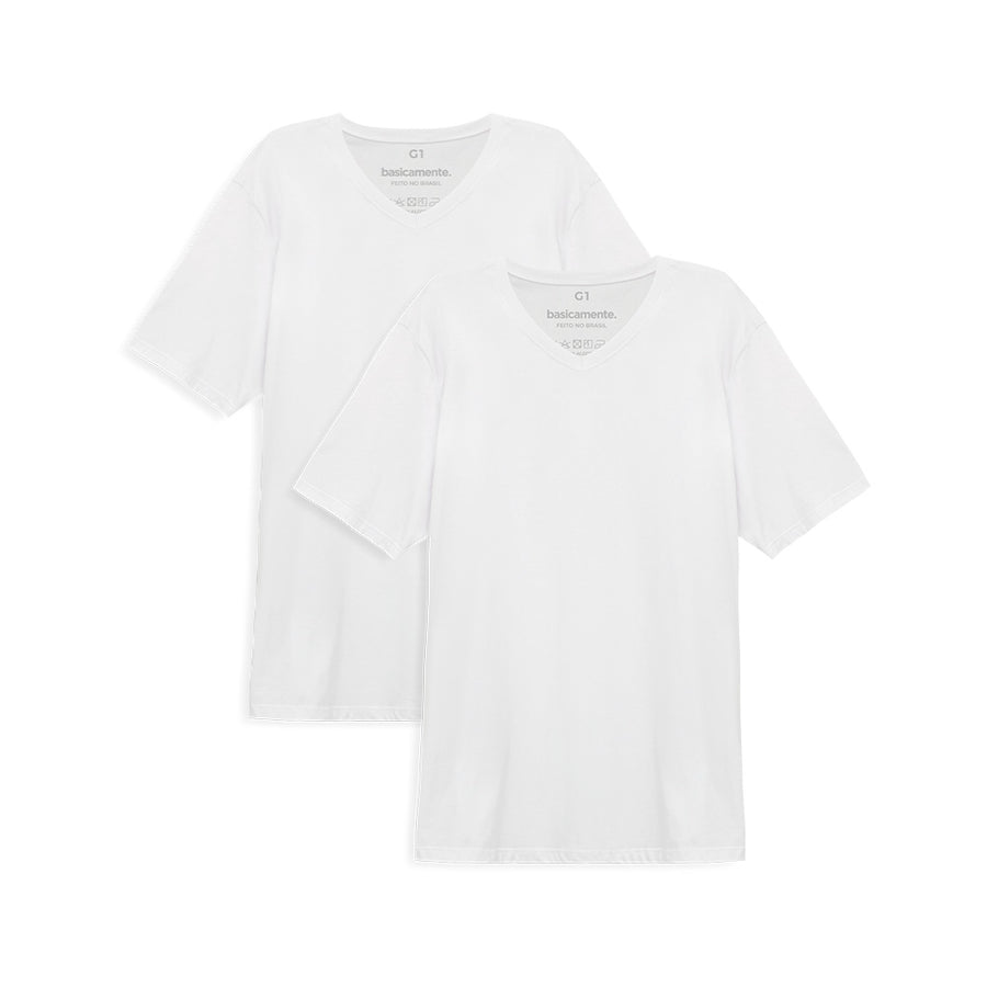 Kit de 2 Camisetas Gola V Plus Size Masculina - Branco
