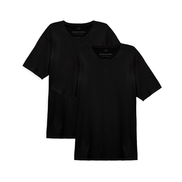 Kit de 2 Camisetas Gola V Plus Size Masculina - Preto