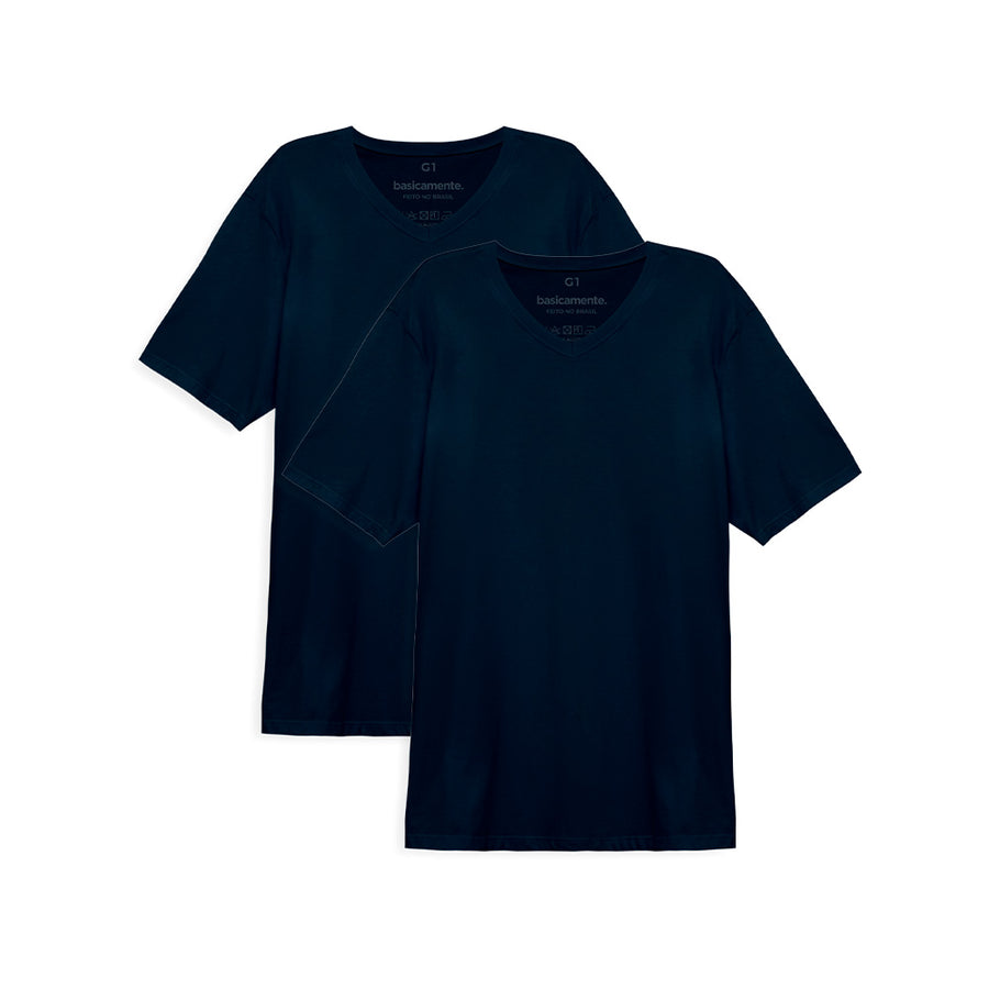 Kit de 2 Camisetas Gola V Plus Size Masculina - Azul Marinho