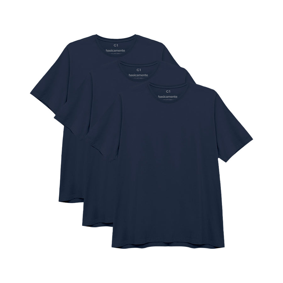 Kit de 3 Camisetas Gola C Plus Size Masculina - Azul Marinho