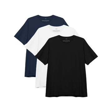 Kit de 3 Camisetas Gola C Plus Size Masculina - Branco Preto Azul Marinho