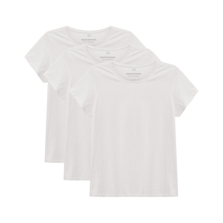 Kit de 3 Camisetas Babylook Gola C Plus Size Feminina - Branco
