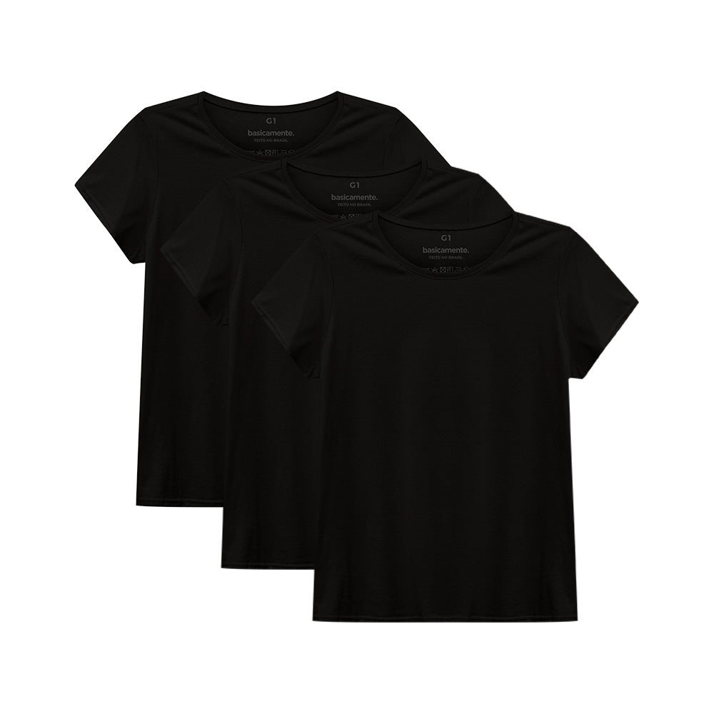 Kit de 3 Camisetas Babylook Gola C Plus Size Feminina - Preto