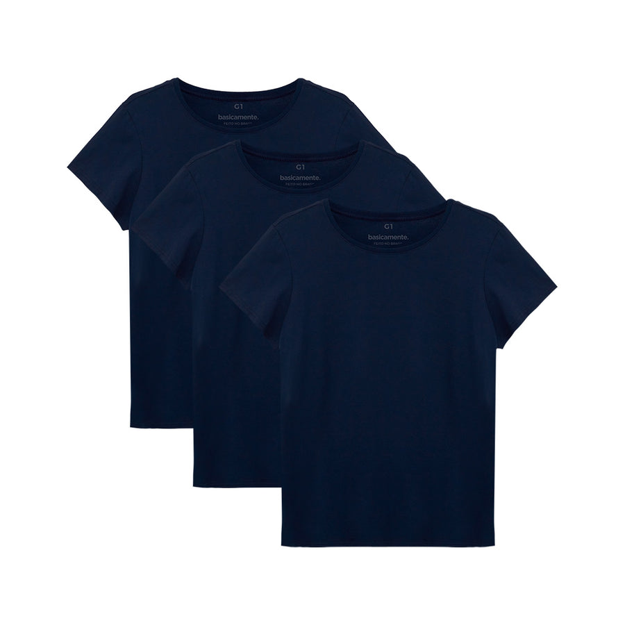 Kit de 3 Camisetas Babylook Gola C Plus Size Feminina - Azul Marinho