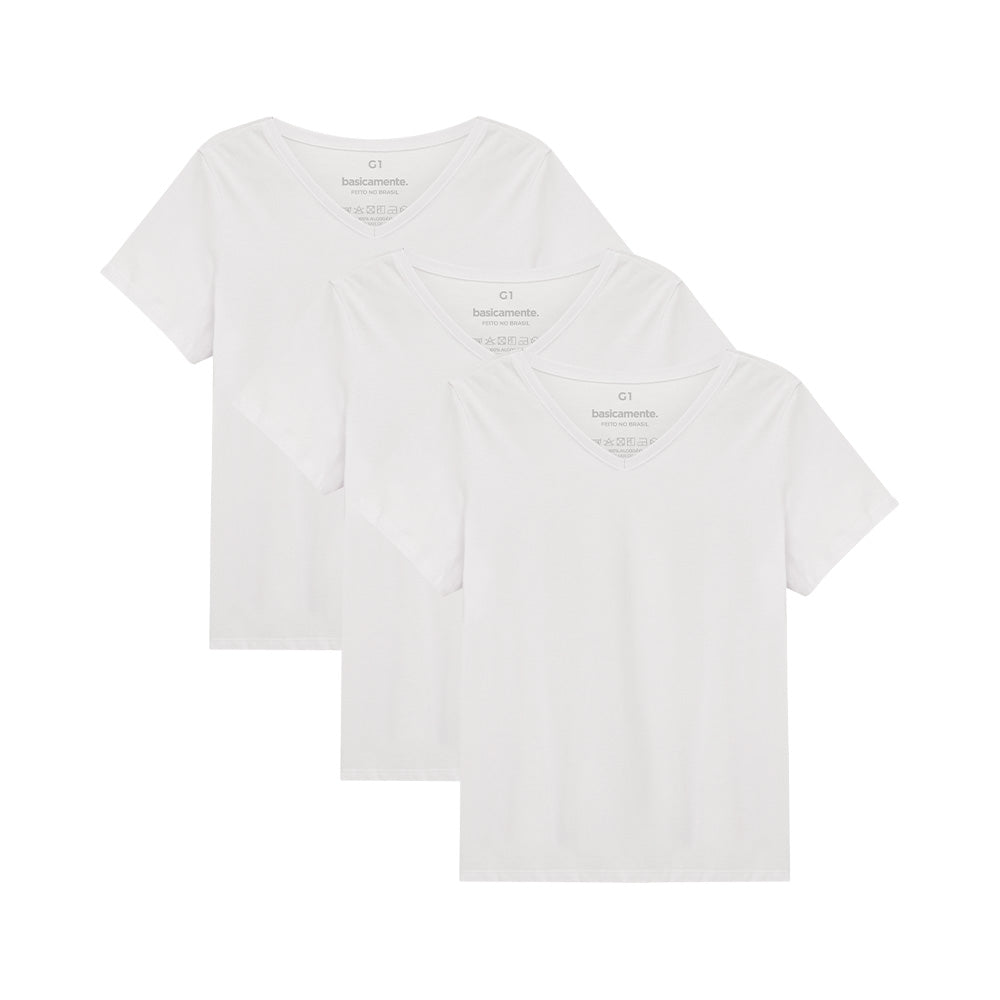 Kit de 3 Camisetas Babylook Gola V Plus Size Feminina - Branco
