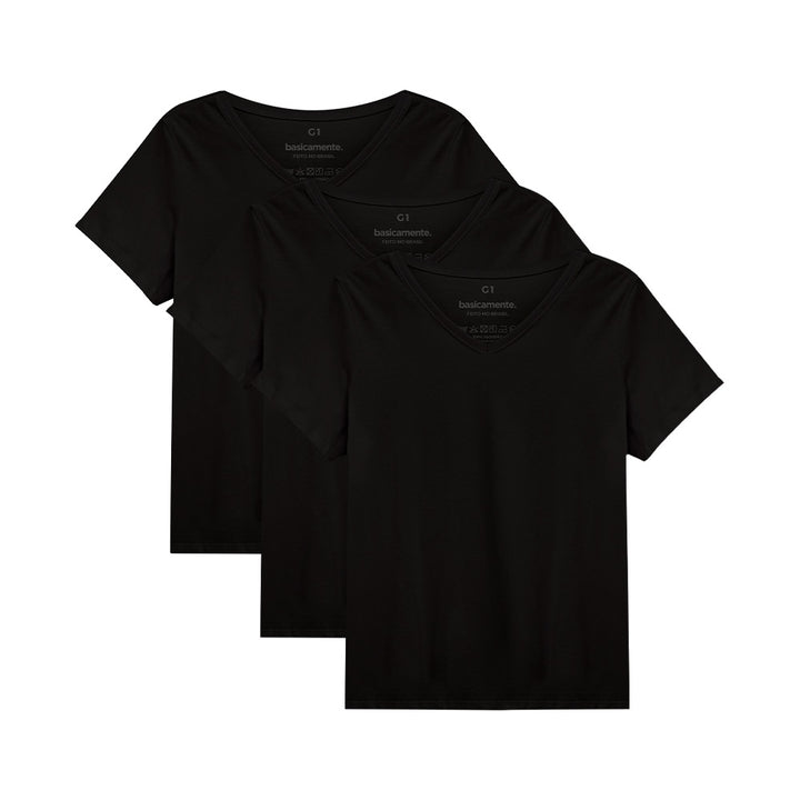 Kit de 3 Camisetas Babylook Gola V Plus Size Feminina - Preto