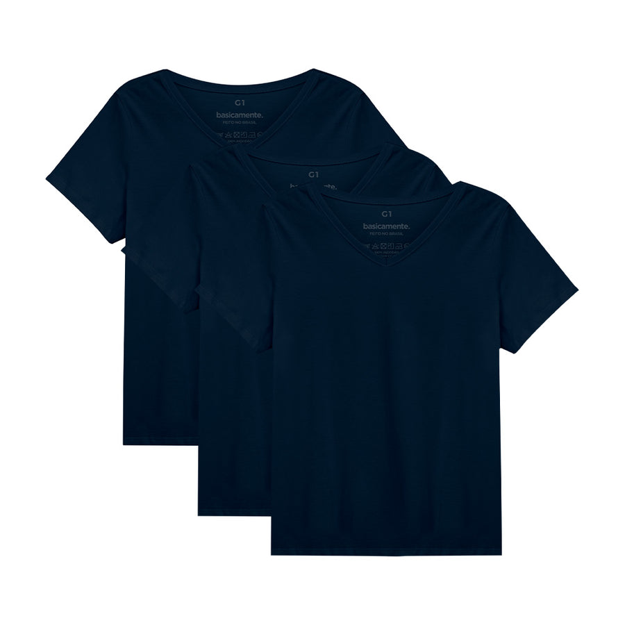 Kit de 3 Camisetas Babylook Gola V Plus Size Feminina - Azul Marinho