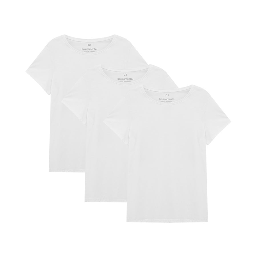 Kit de 3 Camisetas Gola C Plus Size Feminina - Branco