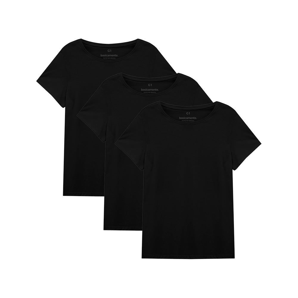 Kit de 3 Camisetas Gola C Plus Size Feminina - Preto