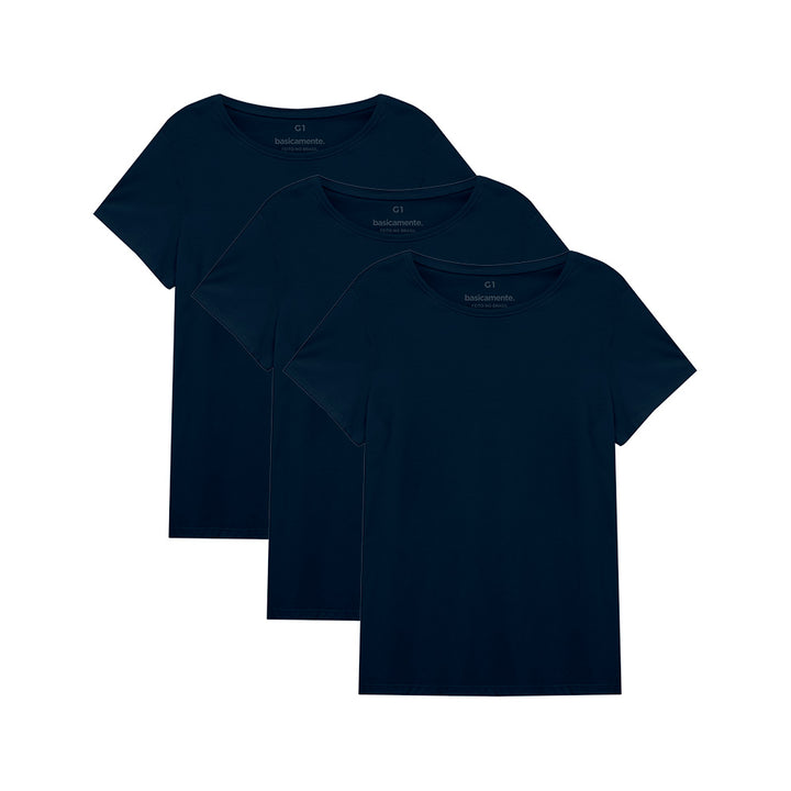 Kit de 3 Camisetas Gola C Plus Size Feminina - Azul Marinho