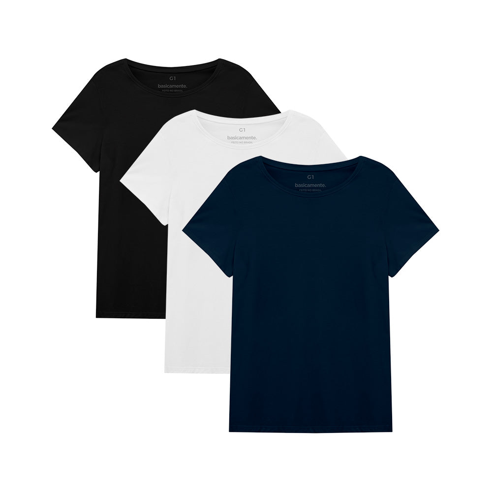 Kit de 3 Camisetas Gola C Plus Size Feminina - Branco Preto Azul Marinho