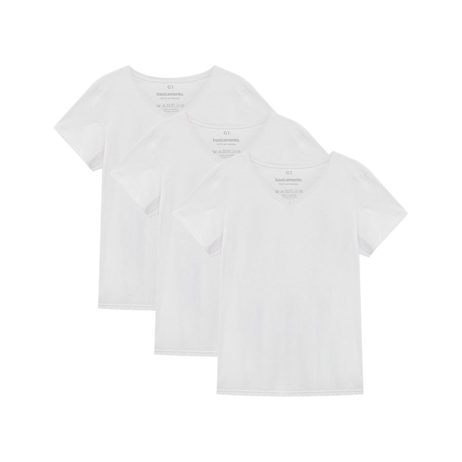 Kit de 3 Camisetas Gola V Plus Size Feminina - Branco